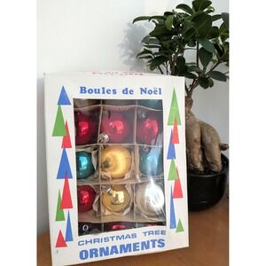 Vintage Glass Christmas Ornaments Set in Original Box, Red Gold Blue Baubles